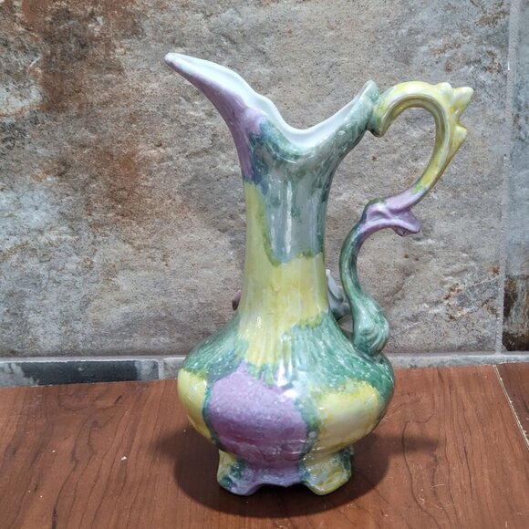 Vintage Floral Rose Pitcher Footed Vase With Handle - Picture 3 of 12